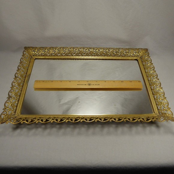 Vintage 16x11 Ornate Gold Mirrored Vanity Tray - Picture 10 of 10